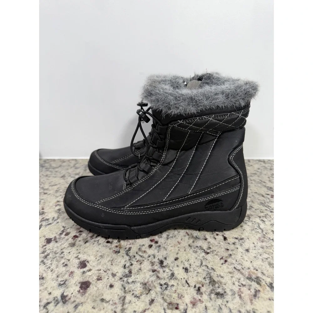 Totes Eve Black Winter Boots Faux Fur Trim Lace Up Side Zip Womens 8W 720598